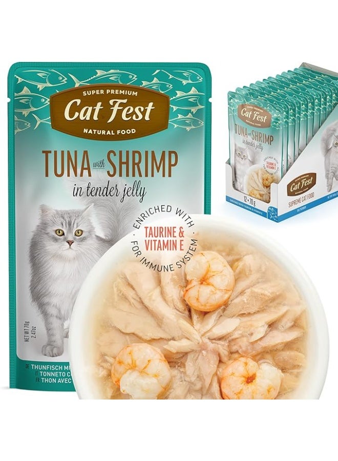 Cat Fest Tuna Fillets with Shrimp in Tender Jelly Wet Cat Food Rich in Taurine, Vitamin E & Omega 3, 70 g From Varmacy - Image 1